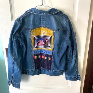 Handmade Embroidered Denim Jacket Patched Boho L